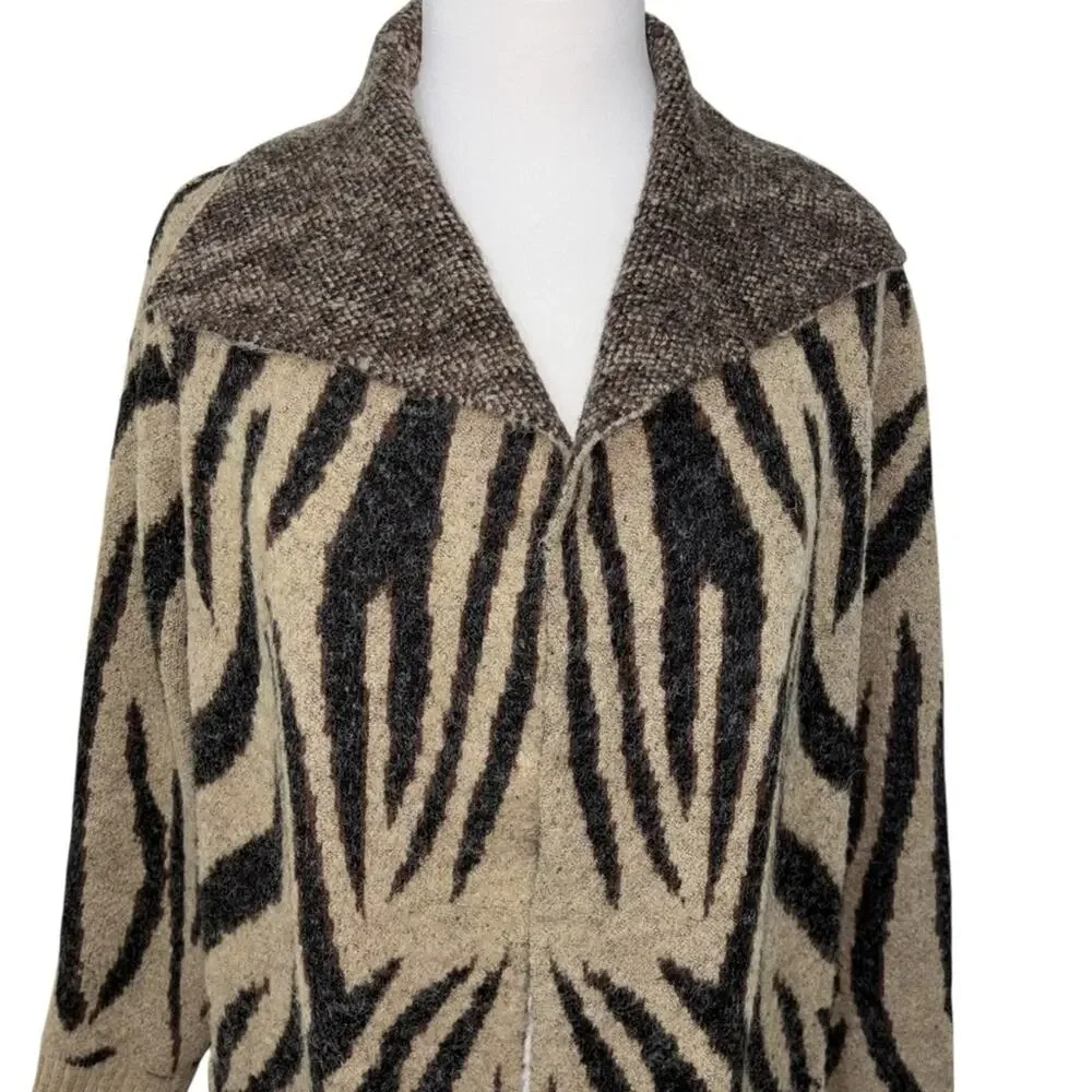 Cyrus Black and Tan Open Front Zebra Print Cardigan Size Large EUC